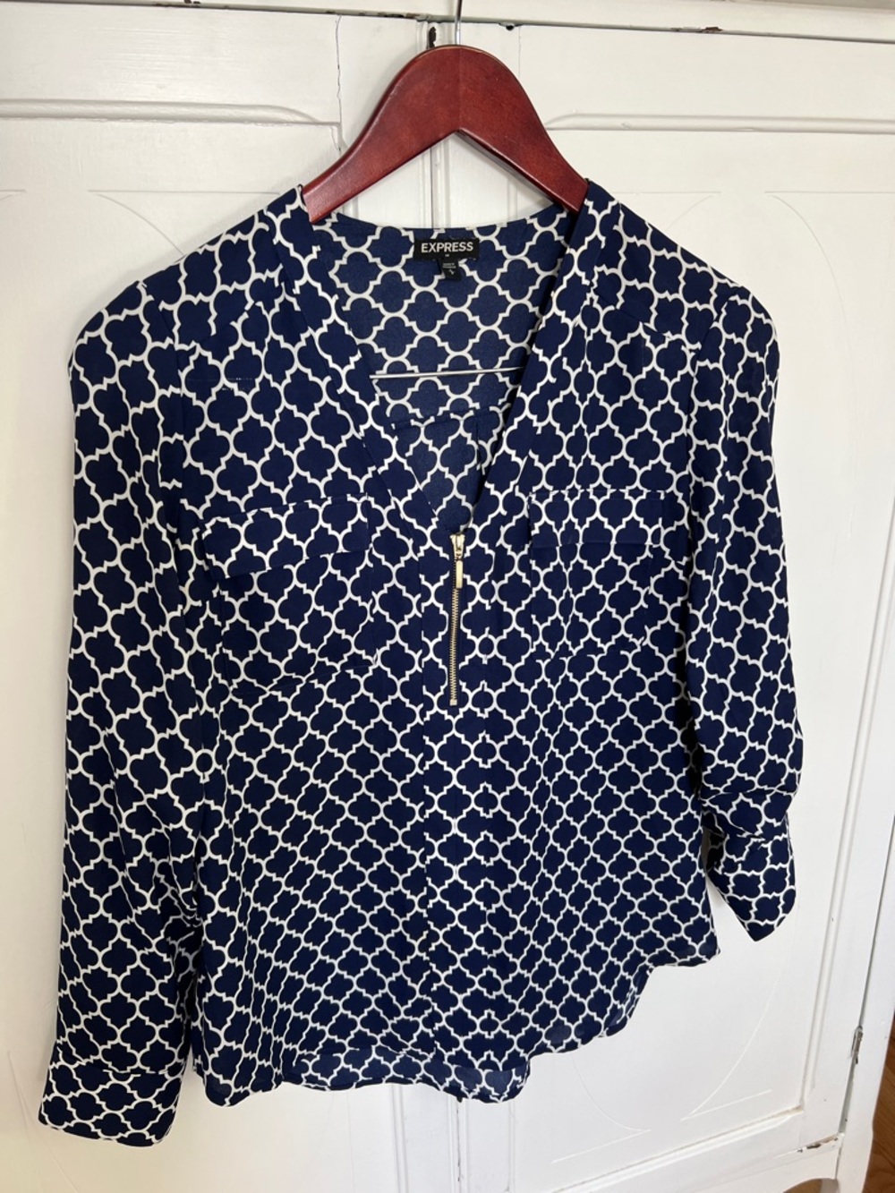2/$7 Express Navy and White Geometric Zip-Front Blouse